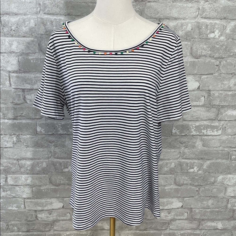 Talbots Pima Cotton Tee in black and white stripes with a pom-pom neckline